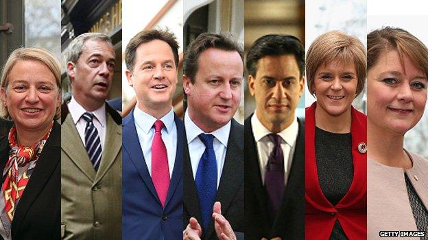 Natalie Bennett, Nigel Farage, Nick Clegg, David Cameron, Ed Miliband, Nicola Sturgeon, Leanne Wood