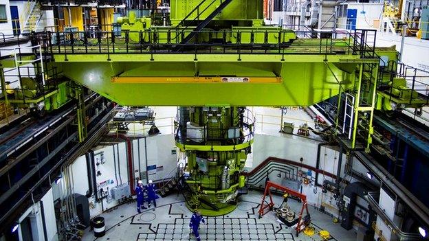 The fuelling machine on top of one of the two reactors at Hinkley Point B