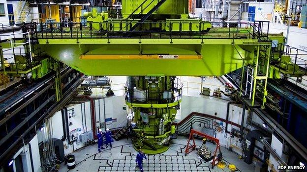 The fuelling machine on top of one of the two reactors at Hinkley Point B