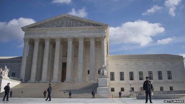 US Supreme Court police stand on the plaza ahead of pro-choice and pro-life demonstrations in front of the US Supreme Court in Washington, DC, 22 January 2015