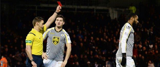 St Mirren's Yoann Arquin is sent off by referee Steven McLean