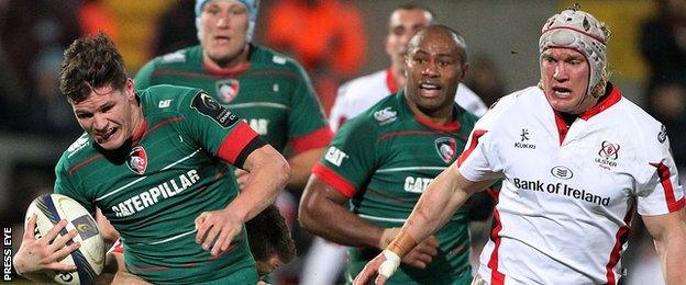 Freddie Burns of Leicester is tackled by Ulster winger Craig Gilroy