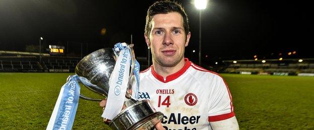 Tyrone captain Sean Cavanagh shows off the McKenna after the Red Hands triumphed once again