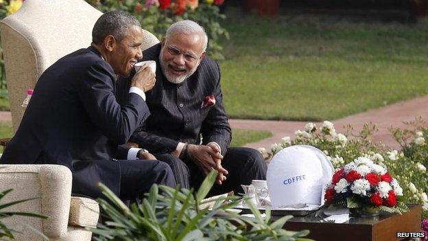 The leaders take tea - or coffee - in the gardens of Hyderabad House, 25 Jan