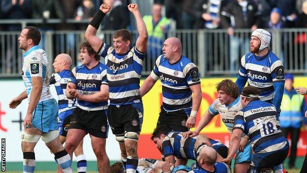 Bath players celebrate after claiming an exciting win over Glasgow