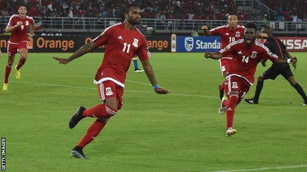 Javier Balboa (left) celebrates scoring the first goal for Equatorial Guinea