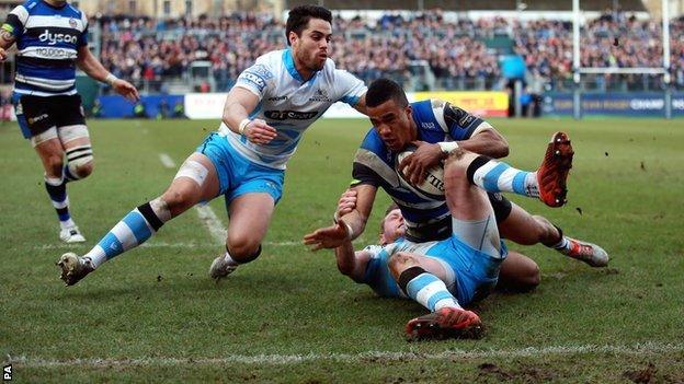 Sean Maitland (right) and Finn Russell combine to deny Bath's Anthony Watson