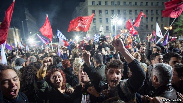 Syriza supporters celebrate in Athens. Photo: 25 January 2015