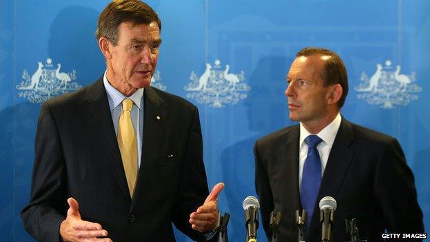 Defence Force Chief Angus Houston (L) with PM Tony Abbott in March 2014