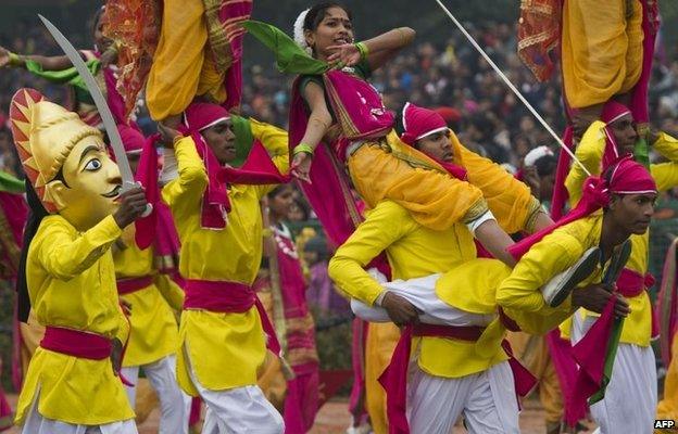 Indian dancers perform during the nation's Republic Day Parade in New Delhi on January 26, 2015