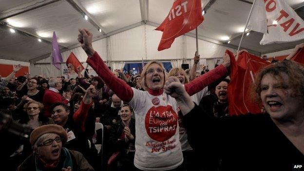 Anti-austerity Syriza supporters celebrate after the first exit polls, as they gather at the Syriza election kiosk in Athens on January 25, 2015