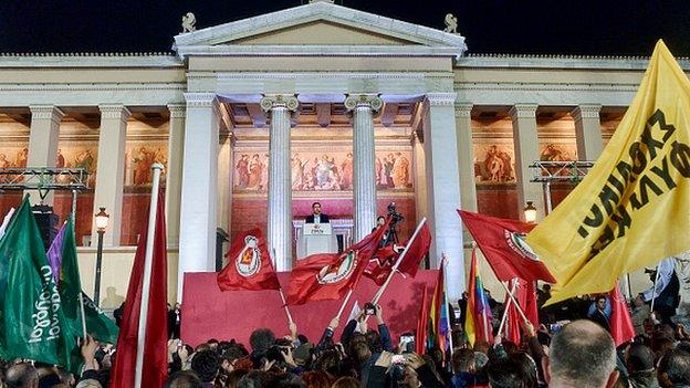 Alexis Tsipras, leader of Syriza left-wing party, speaks during a rally outside Athens University