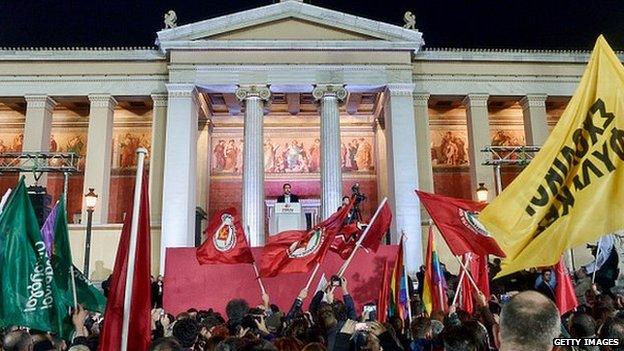 Alexis Tsipras, leader of Syriza left-wing party, speaks during a rally outside Athens University