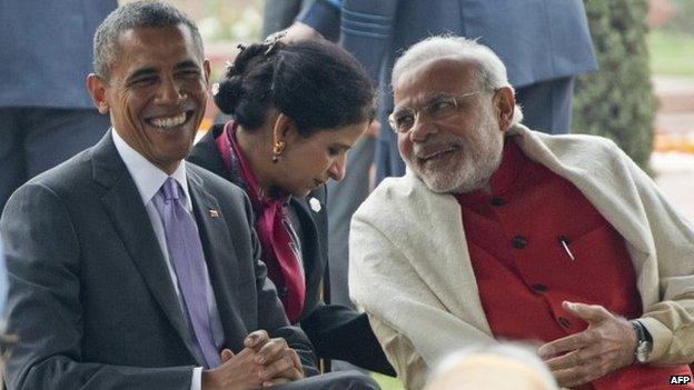 President Obama with Indian Prime Minister Narendra Modi at a reception at the Presidential Palace in Delhi on January 26, 2015