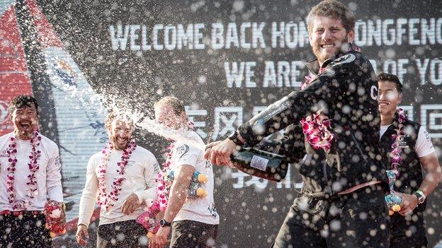 Dongfeng Race Team skipper Charles Caudrelier celebrates with his crew