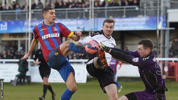 Stuart O'Keefe in action for Crystal Palace in the FA Cup tie against Dover in January 2015