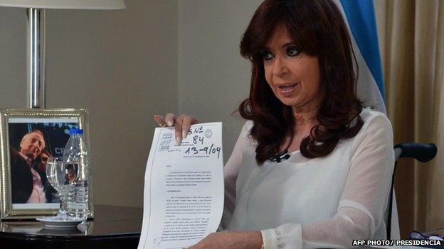 Argentine President Cristina Fernandez de Kirchner speaking during a national simultaneous broadcast