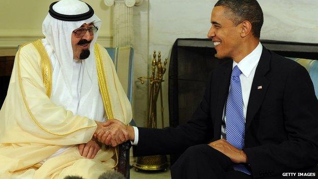 President Barack Obama shown with the king, Abdullah bin Abdul-Aziz Al Saud in 2010