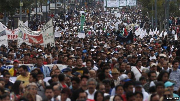 People demonstrate to demand for justice in the case of the 43 missing students from Ayotzinapa teachers" training college, in Mexico City 26 Jan 2015