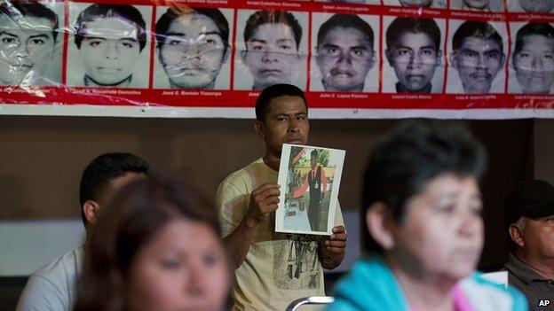 Relatives hold pictures of the students at a press conference in Mexico City. 27 Jan 2015