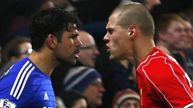 Chelsea striker Diego Costa and Liverpool defender Martin Skrtel