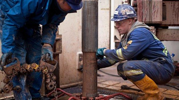 Fracking workers looking at drill