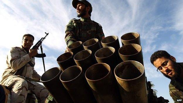 Members of a brigade loyal to the internationally recognised government secure an area in Benghazi in Libya - 17 December 2014