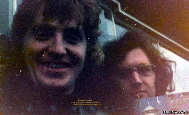 Paul Blackwell and his friend Paul Healey, holding the match programme, at Oldham's game with Manchester United in December 1974