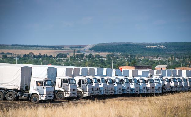 Lorries part of a Russian humanitarian convoy are parked not far from a checkpoint at the Ukrainian border some 30 km outside the town of Kamensk-Shakhtinsky in the Rostov region, on August 20, 2014.