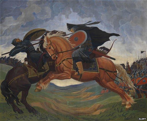 Single combat of Peresvet and Temir-murza on the Kulikovo Field in 1380. Artist: Jacobi, Mavriki Petrovich (1906-1938)