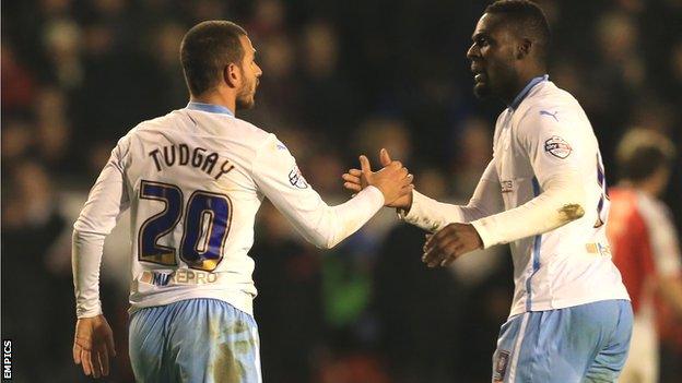 Marcus Tudgay is congratulated by Frank Nouble after scoring his first for Coventry City in their 2-0 win at Walsall