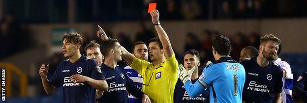 Sid Nelson is sent off during Millwall's 0-0 draw at home to Reading in the Championship