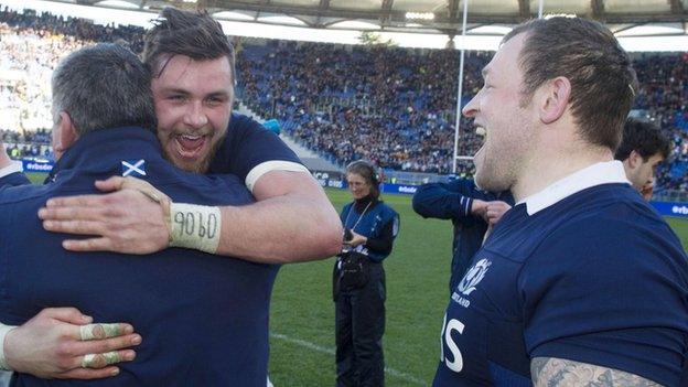 Ryan Wilson and Ryan Grant celebrate with Scotland