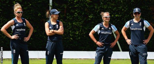 England's Lauren Winfield, Natasha Farrant, Danielle Wyatt and Georgia Elwiss