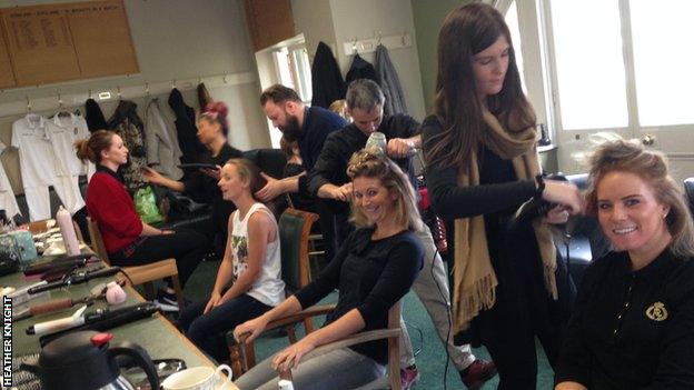 England's women get their hair done in the home dressing-room at Lord's