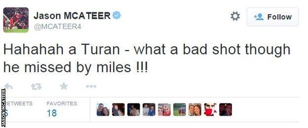 Jason McAteer tweets about Arda Turan's boot throw