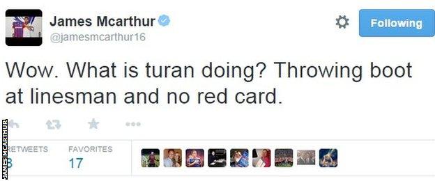 James McArthur tweets about Arda Turan's boot throw