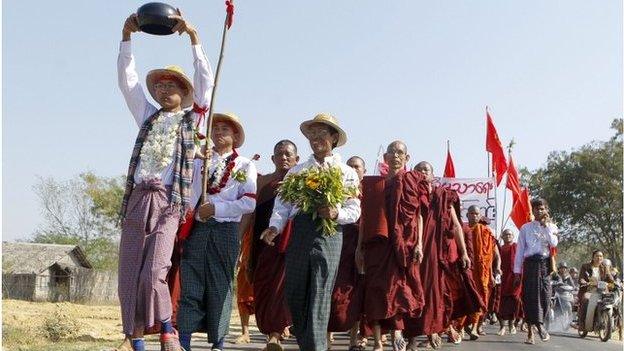 Student activists and Buddhist monks take part during the protest march demanding an amendment to the National Education Bill near Taung Tha township, Mandalay division, Myanmar, 28 January 2015.