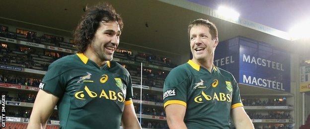 Victor Matfield (left) and Bakkies Botha hold the world record for starting the highest number of Test matches as a second-row pairing (63)