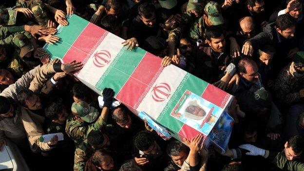 Iranians carry the coffin of Revolutionary Guards Gen Mohammad Ali Allah-Dadi, who was killed in an Israeli air strike in the Syrian Golan Heights on 18 January 2014