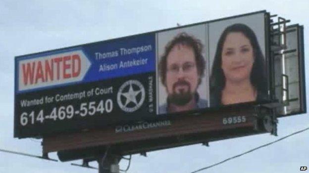 An undated image showing the wanted billboard for Tommy Thompson and Alison Antekeier