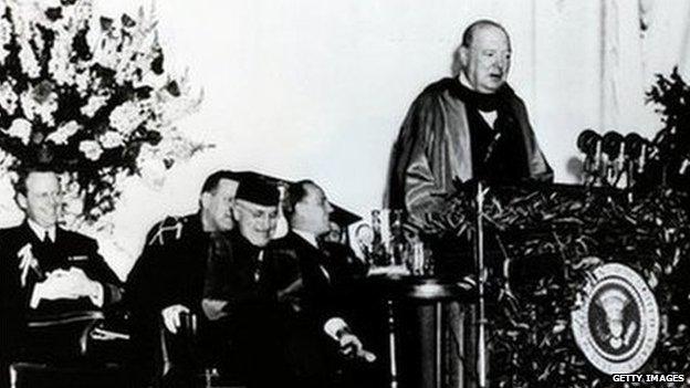 Winston Churchill on the podium at Westminster College, in Fulton, Missouri