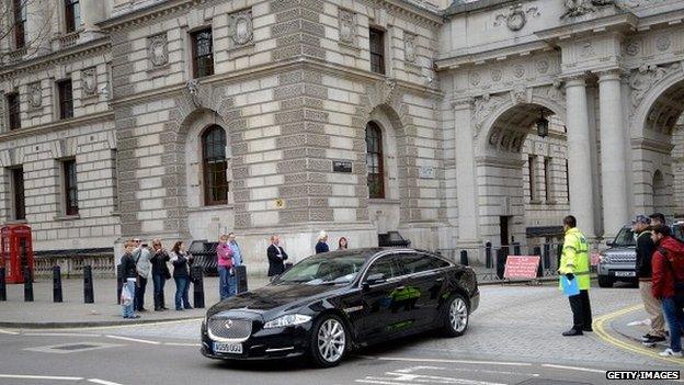 George Osborne's car leaves Downing Street ahead of the Budget on 19 March 2014