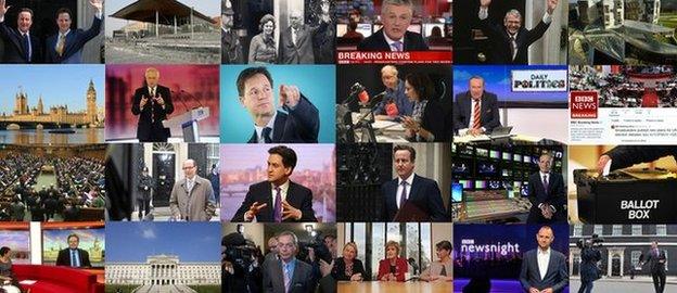 Composite images of politicians, historic election moments and BBC broadcasters