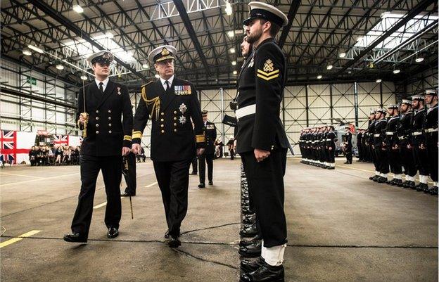 The Duke of York inspects sailors on parade during a wings ceremony at Royal Naval Air Station Yeovilton