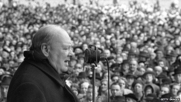 Winston Churchill pictured making an election speech in 1945