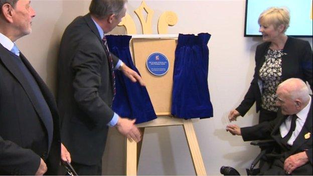 Left to right: David Blunkett, Nick Caplin, Ron Freer with daughter and carer Pat