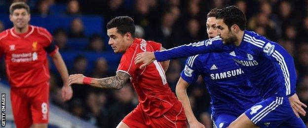 Liverpool's Philippe Coutinho dribbles away from Chelsea's Cesc Fabregas and Nemanja Matic