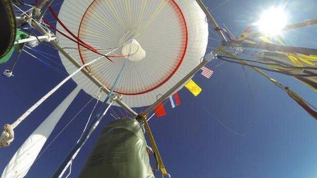 A view of the balloon from the capsule about three days into the Two Eagles journey