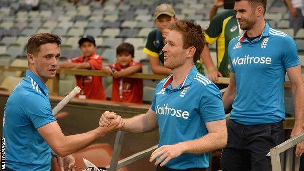 Chris Woakes, Eoin Morgan and James Anderson